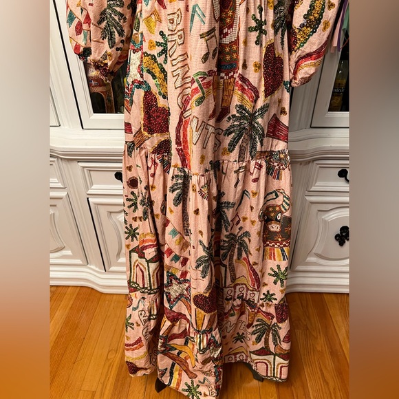 FARM Rio Pink Ruffled Tropical Print Tiered Maxi Dress Balloon Sleeves L - Picture 3 of 13
